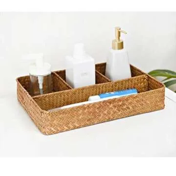 YANGQIHOME Tea Bag/Sugar Packet Holder, Coffee Station Condiment Organizer, Seagrass Storage Basket, Wicker Rattan Divided Basket Organizer for Drawer/Shelf/Countertop