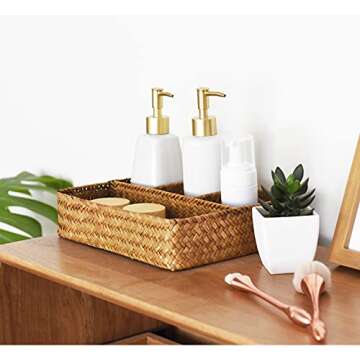 YANGQIHOME Tea Bag/Sugar Packet Holder, Coffee Station Condiment Organizer, Seagrass Storage Basket, Wicker Rattan Divided Basket Organizer for Drawer/Shelf/Countertop