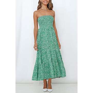 ZESICA Women's Summer Bohemian Floral Printed Strapless Beach Party Long Maxi Dress,Green,Large
