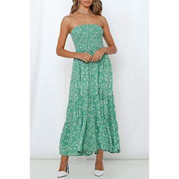ZESICA Women's Summer Bohemian Floral Printed Strapless Beach Party Long Maxi Dress,Green,Large