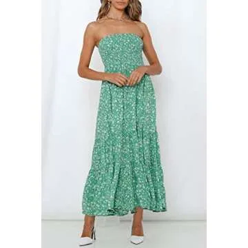 ZESICA Women's Summer Bohemian Floral Printed Strapless Beach Party Long Maxi Dress,Green,Large