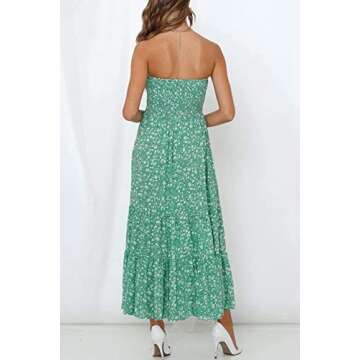 ZESICA Women's Summer Bohemian Floral Printed Strapless Beach Party Long Maxi Dress,Green,Large