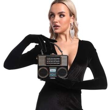 Boutique De FGG Novelty Acrylic Shoulder Bag for Women, Designer Box Clutch Tote Purse & Crossbody Handbag Evening Bag,Small,Black Boombox Radio