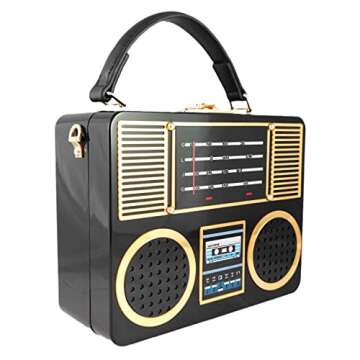 Boutique De FGG Novelty Acrylic Shoulder Bag for Women, Designer Box Clutch Tote Purse & Crossbody Handbag Evening Bag,Small,Black Boombox Radio