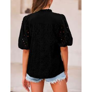 PRETTYGARDEN Women's Summer Tops 2025 Dressy Casual Short Sleeve V Neck Buttons Hollow Out Lace Embr...