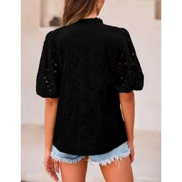 PRETTYGARDEN Women's Summer Tops 2025 Dressy Casual Short Sleeve V Neck Buttons Hollow Out Lace Embr...