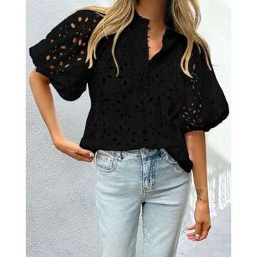 PRETTYGARDEN Women's Summer Tops 2025 Dressy Casual Short Sleeve V Neck Buttons Hollow Out Lace Embroidered Blouses Shirts (Black,Small)