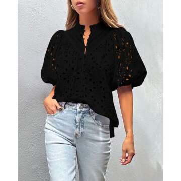 PRETTYGARDEN Women's Summer Tops 2025 Dressy Casual Short Sleeve V Neck Buttons Hollow Out Lace Embroidered Blouses Shirts (Black,Small)