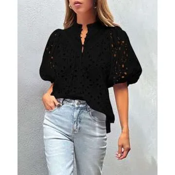 PRETTYGARDEN Women's Summer Tops 2025 Dressy Casual Short Sleeve V Neck Buttons Hollow Out Lace Embroidered Blouses Shirts (Black,Small)