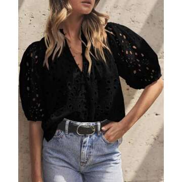 PRETTYGARDEN Women's Summer Tops 2025 Dressy Casual Short Sleeve V Neck Buttons Hollow Out Lace Embroidered Blouses Shirts (Black,Small)