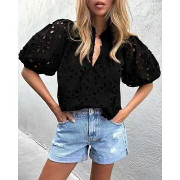 PRETTYGARDEN Women's Summer Tops 2025 Dressy Casual Short Sleeve V Neck Buttons Hollow Out Lace Embroidered Blouses Shirts (Black,Small)