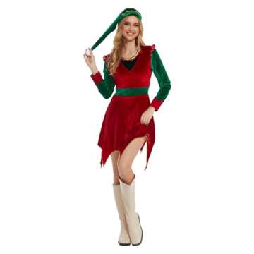 YIGMAW Elf Costume Women Adult JovieElf Halloween Christmas Outfits for Women Cosplay with Brooch So...