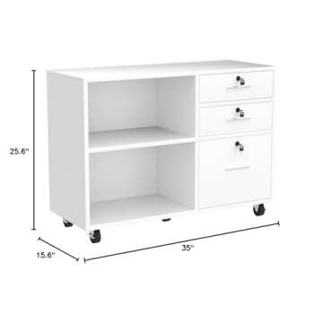 YITAHOME Wood File Cabinet, 3 Drawer Mobile Lateral Filing Cabinet, Storage Cabinet Printer Stand with 2 Open Shelves for Home Office Organization,White