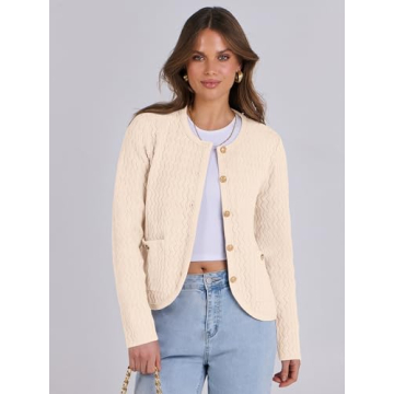 Caracilia Women's Cropped Cardigan Sweaters Open Front Button Down Dressy Casual Classic Knit Lady Jackets Spring Outerwear Cream Beige XL