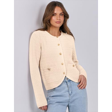 Caracilia Women's Cropped Cardigan Sweaters Open Front Button Down Dressy Casual Classic Knit Lady Jackets Spring Outerwear Cream Beige XL
