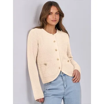 Caracilia Women's Cropped Cardigan Sweaters Open Front Button Down Dressy Casual Classic Knit Lady Jackets Spring Outerwear Cream Beige XL