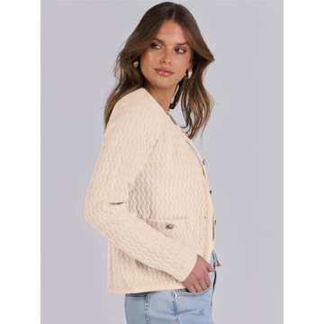 Caracilia Women's Cropped Cardigan Sweaters Open Front Button Down Dressy Casual Classic Knit Lady Jackets Spring Outerwear Cream Beige XL