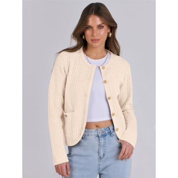 Caracilia Women's Cropped Cardigan Sweaters Open Front Button Down Dressy Casual Classic Knit Lady Jackets Spring Outerwear Cream Beige XL