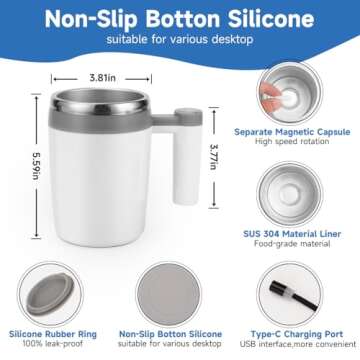 Automatic Stirring Cup,Rechargeable Auto Magnetic Stirring Coffee Cup,WHite Stainless Steel Waterproof Automatic Mixing Mug for Milk and Cocoa in Office Kitchen Travel,14 oz Coffee Mug