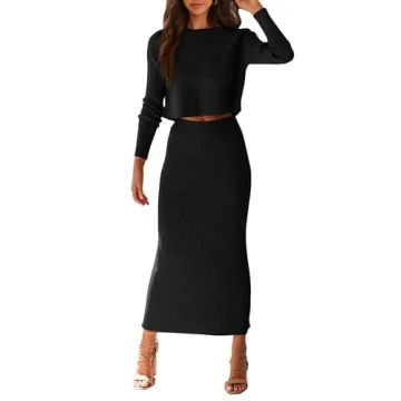 PRETTYGARDEN Women's Fall 2 Piece Sweater Set Rib Knit Long Sleeve Crop Top Maxi Bodycon Skirt Casua...