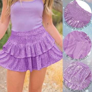 Womens Sequin Mini Skirt with Shorts Layered Ruffle High Waist Flowy Sparkly Glitter Skirt Purple S