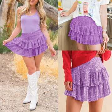 Womens Sequin Mini Skirt with Shorts Layered Ruffle High Waist Flowy Sparkly Glitter Skirt Purple S