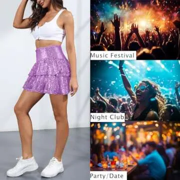 Womens Sequin Mini Skirt with Shorts Layered Ruffle High Waist Flowy Sparkly Glitter Skirt Purple S