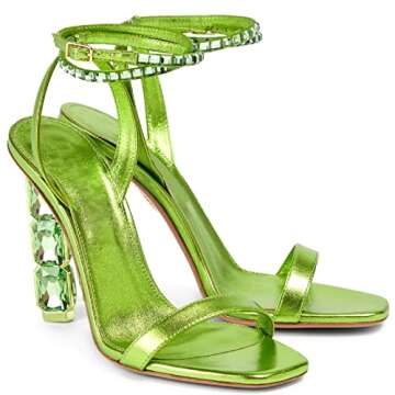 LauraVicci Women Heeled Sandals Ankle Straps Rhinestone Crystal Chunky Block Open Toe Slip on Wedding Slip on Wedding Party Evening Dress Shoes Green Size 7.5
