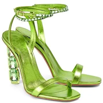 LauraVicci Women Heeled Sandals Ankle Straps Rhinestone Crystal Chunky Block Open Toe Slip on Wedding Slip on Wedding Party Evening Dress Shoes Green Size 7.5