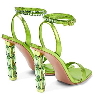 LauraVicci Women Heeled Sandals Ankle Straps Rhinestone Crystal Chunky Block Open Toe Slip on Wedding Slip on Wedding Party Evening Dress Shoes Green Size 7.5