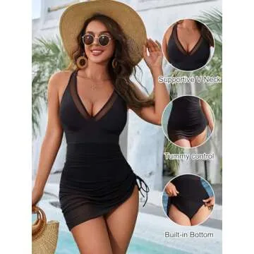 Blooming Jelly Women One Piece Swim Dress Tummy Control Swimsuits Modest Mesh Sheer V Neck Swimdress...