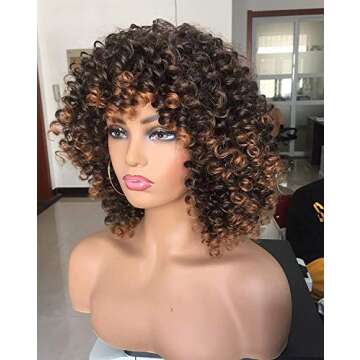 ANNIVIA Short Curly Wig for Black Women with Bangs Big Bouncy Fluffy Kinky Curly Wig Heat Resist Sof...