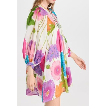 Women Boho Puff Sleeves Floral Mini Dress Tie Front Flowy Babydoll Short Dresses Vintage Colorful Printed Beach Sundress