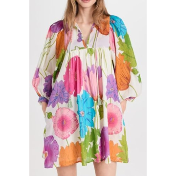 Women Boho Puff Sleeves Floral Mini Dress Tie Front Flowy Babydoll Short Dresses Vintage Colorful Printed Beach Sundress