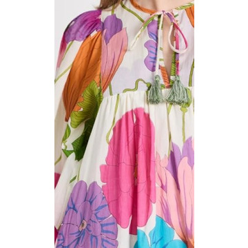 Women Boho Puff Sleeves Floral Mini Dress Tie Front Flowy Babydoll Short Dresses Vintage Colorful Printed Beach Sundress