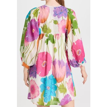 Women Boho Puff Sleeves Floral Mini Dress Tie Front Flowy Babydoll Short Dresses Vintage Colorful Printed Beach Sundress