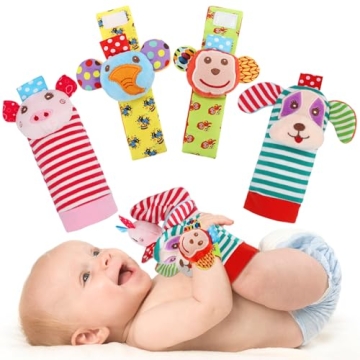 SSK Soft Baby Wrist Rattle Foot Finder Socks Set - Safe, Cute, Adjustable Baby Toys