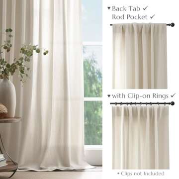 jinchan Linen Blend Curtain for Living Room 96 Inch Length Extra Wide for Room Divider Curtain Rustic Farmhouse Curtain Rod Pocket Back Tab Light Filtering Bedroom Window Curtain 1 Panel Ecru