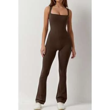 QINSEN Sexy Square Neck Sleeve Tank Tops Long Flare Leggings Stretch Full Length Jumpsuit for Women Coffee Bean S
