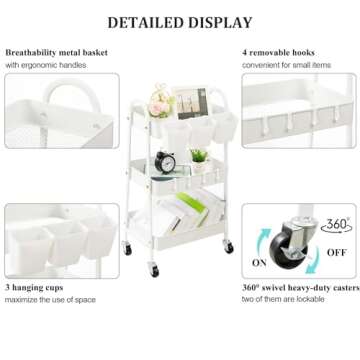 danpinera 3-Tier Rolling Cart, Metal Rolling Storage Cart with Lockable Wheels & Hanging Cups & Hook...