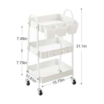 danpinera 3-Tier Rolling Cart, Metal Rolling Storage Cart with Lockable Wheels & Hanging Cups & Hooks, Mobile Trolley Cart for Kitchen, Bathroom, Office, Workshop, White