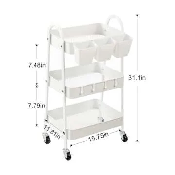 danpinera 3-Tier Rolling Cart, Metal Rolling Storage Cart with Lockable Wheels & Hanging Cups & Hooks, Mobile Trolley Cart for Kitchen, Bathroom, Office, Workshop, White