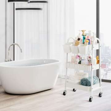 danpinera 3-Tier Rolling Cart, Metal Rolling Storage Cart with Lockable Wheels & Hanging Cups & Hooks, Mobile Trolley Cart for Kitchen, Bathroom, Office, Workshop, White