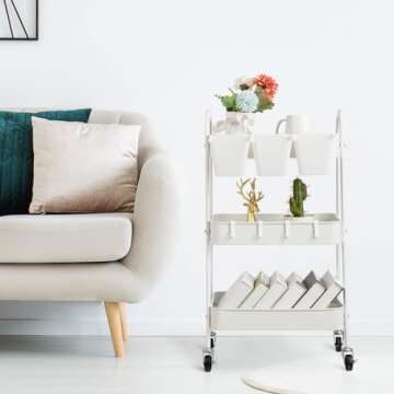 danpinera 3-Tier Rolling Cart, Metal Rolling Storage Cart with Lockable Wheels & Hanging Cups & Hooks, Mobile Trolley Cart for Kitchen, Bathroom, Office, Workshop, White