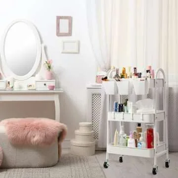 danpinera 3-Tier Rolling Cart, Metal Rolling Storage Cart with Lockable Wheels & Hanging Cups & Hooks, Mobile Trolley Cart for Kitchen, Bathroom, Office, Workshop, White