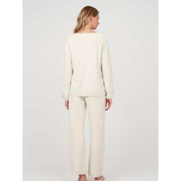 MEROKEETY Womens Loose Fall Pajama Set Long Sleeve Pullover Sweater and Pants Loungewear with Pocekts,Apricot,S