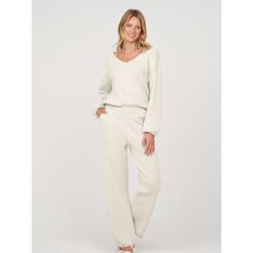 MEROKEETY Womens Loose Fall Pajama Set Long Sleeve Pullover Sweater and Pants Loungewear with Pocekts,Apricot,S