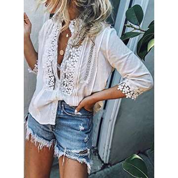Elapsy Womens Summer Sexy Lace Crochet V Neck 3/4 Sleeve Button Down Shirts Casual Loose Fit Blouses...