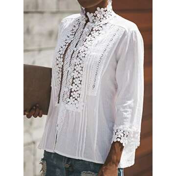 Elapsy Womens Summer Sexy Lace Crochet V Neck 3/4 Sleeve Button Down Shirts Casual Loose Fit Blouses Tops White Medium