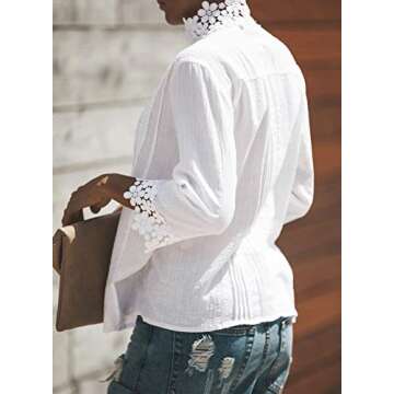Elapsy Womens Summer Sexy Lace Crochet V Neck 3/4 Sleeve Button Down Shirts Casual Loose Fit Blouses Tops White Medium